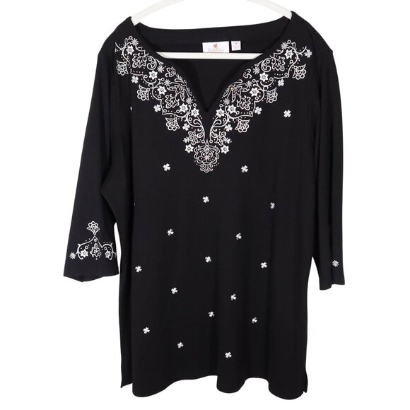 Quacker Factory Tops - QUACKER FACTORY Embroidered Rhinestone 3/4 Sleeve Knit Tunic Top 1X Black White
